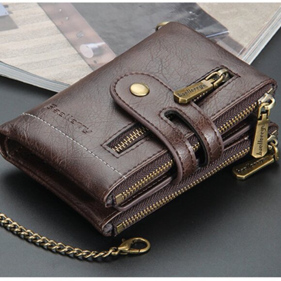 RFID Blocking Men’s Leather Bifold ID Cards Holder Chain Wallet w/ Zip Pockets - Picture 3 of 4